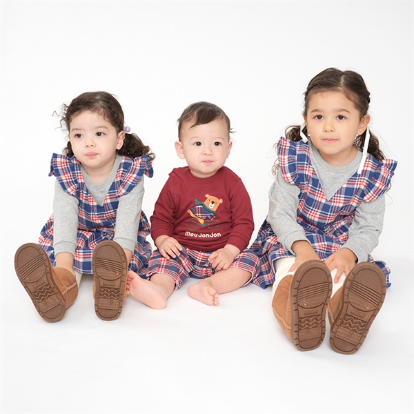 くまプリントチェック切替ロンパース・オール カバーオール｜子供服