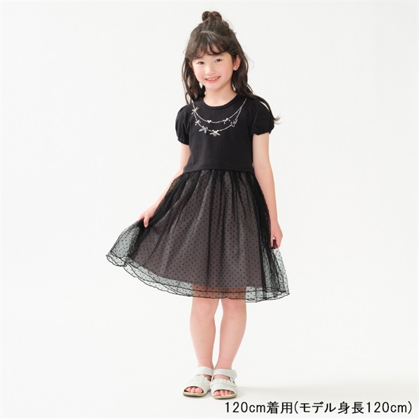 ネックレス風刺繍入りチュールスカート半袖ワンピース ワンピース