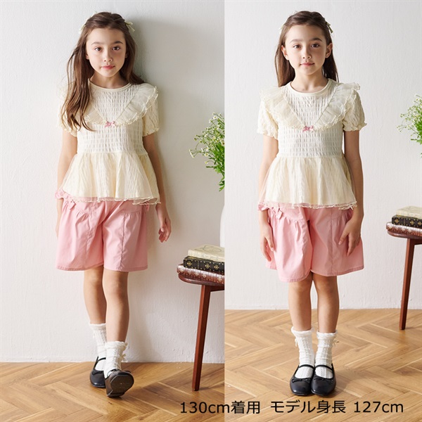 リボン付き3分丈無地キュロットパンツ ハーフ・ショートパンツ｜子供服