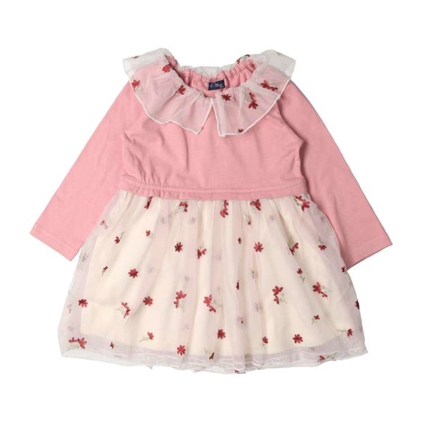 花刺繍チュールドッキング襟付き長袖ワンピース ワンピース｜子供服