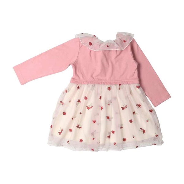 花刺繍チュールドッキング襟付き長袖ワンピース ワンピース｜子供服