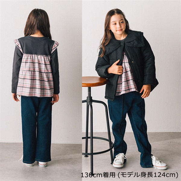 レース・お花刺繍裏ベロアデニムパンツ ロングパンツ｜子供服