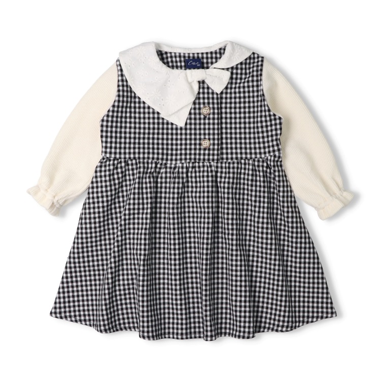 リボン衿ギンガムチェック柄長袖ワンピース ワンピース｜子供服