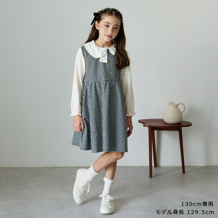 リボン衿ギンガムチェック柄長袖ワンピース ワンピース｜子供服