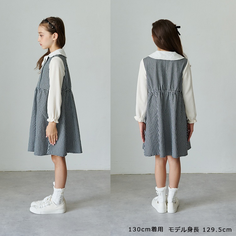 リボン衿ギンガムチェック柄長袖ワンピース ワンピース｜子供服