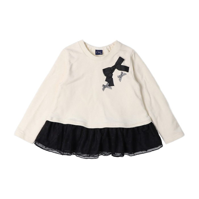 リボン付き裾チュール裏毛トレーナー