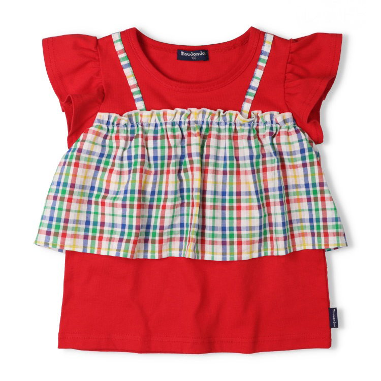 チェック柄キャミ重ね着風半袖Tシャツ