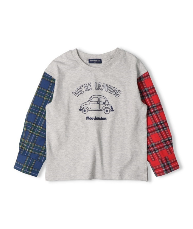 袖チェック切替車刺繍長袖Tシャツ