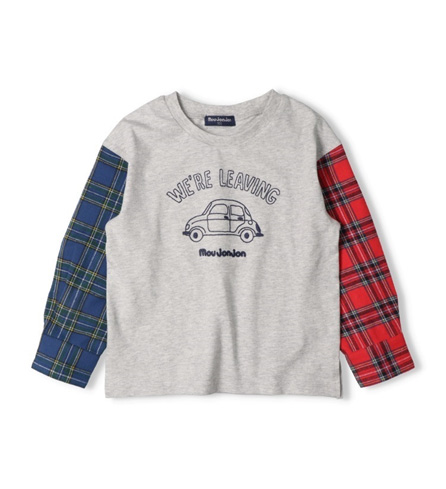 袖チェック切替車刺繍長袖Tシャツ