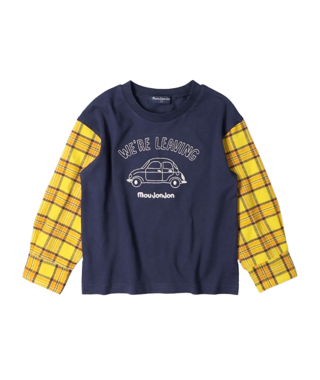 袖チェック切替車刺繍長袖Tシャツ