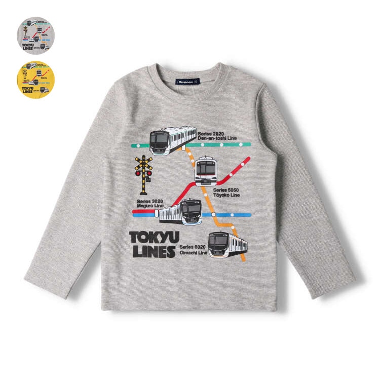 リップルフライス東急電鉄路線図電車プリントＴシャツ(マスタード, 100cm)