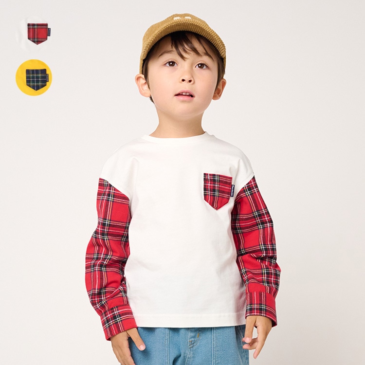 Long-sleeved T-shirt with checkered sleeves (white, 120cm)