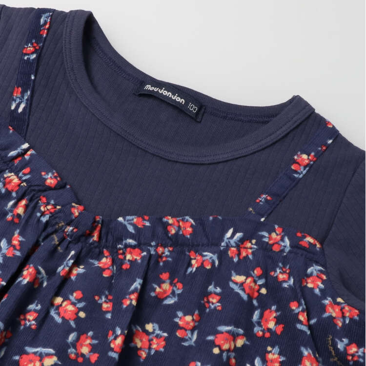 花卉图案吊带衫分层长袖T恤
