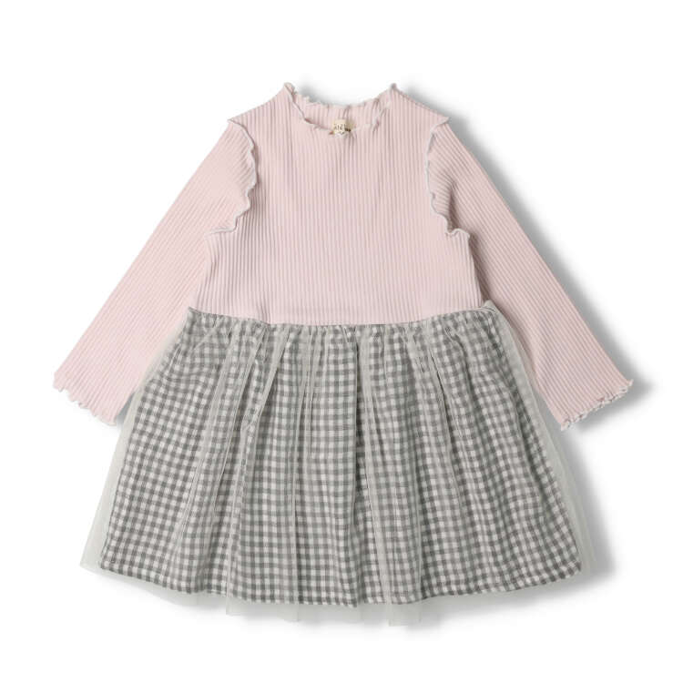 Check skirt tulle switching long sleeve dress (80cm-130cm)
