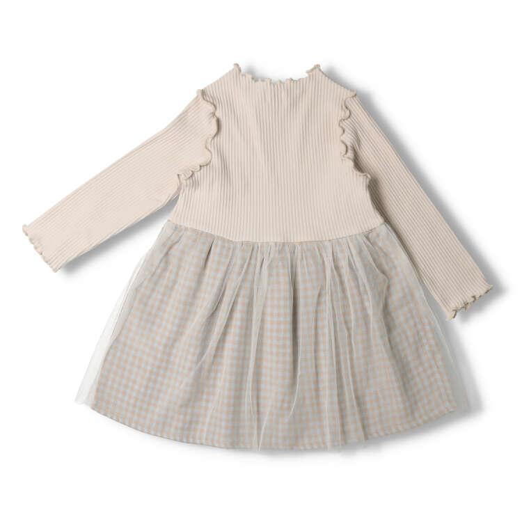 Check skirt tulle switching long sleeve dress (80cm-130cm)