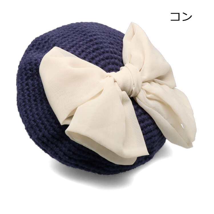 Acrylic knit hat with chiffon ribbon