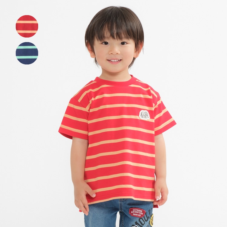 Striped Short Sleeve T-shirt with Elephant Patch (Red, 80cm)