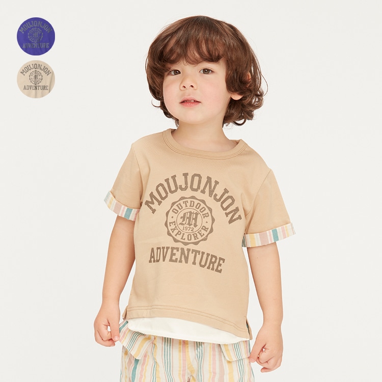 Layered style logo print short-sleeved T-shirt (beige, 140cm)