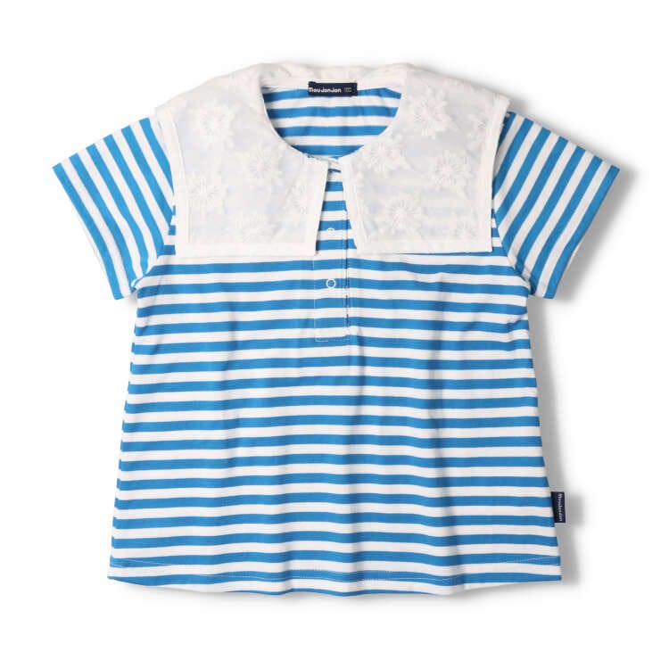 Striped short-sleeved T-shirt with flower embroidery collar