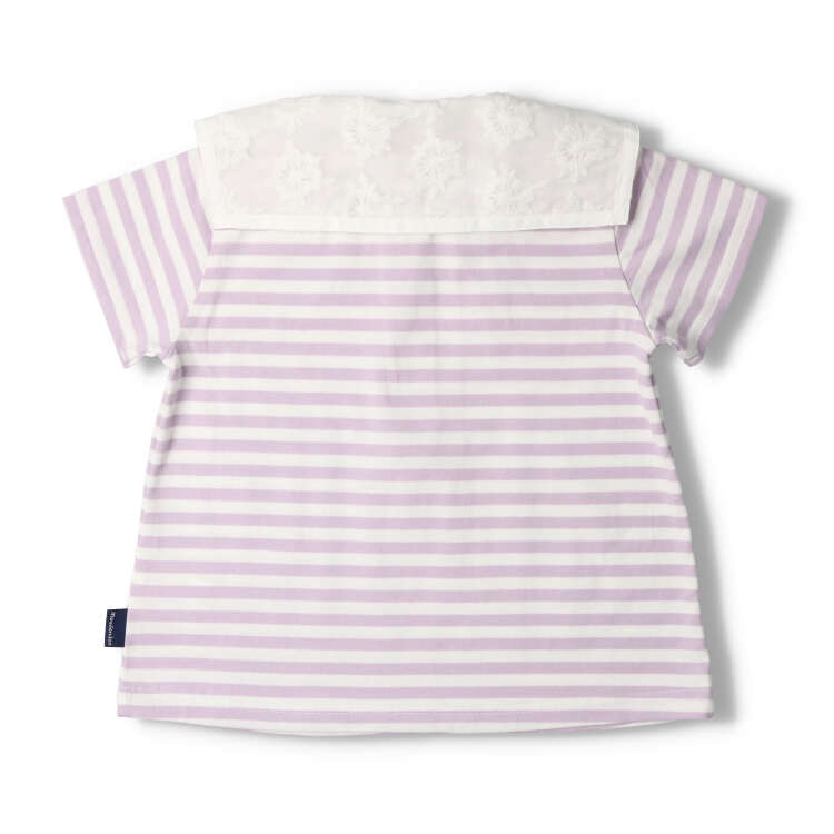 Striped short-sleeved T-shirt with flower embroidery collar