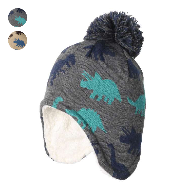 Acrylic knit hat with dinosaur ears (gray, 56cm)