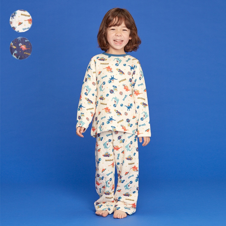 Space dinosaur print long sleeve quilted pajamas