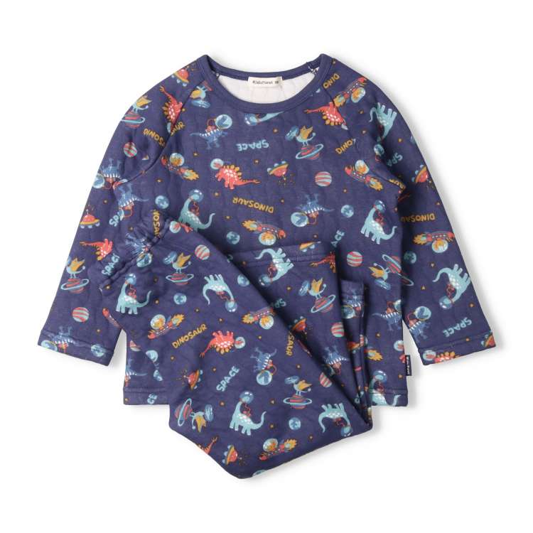 Space dinosaur print long sleeve quilted pajamas