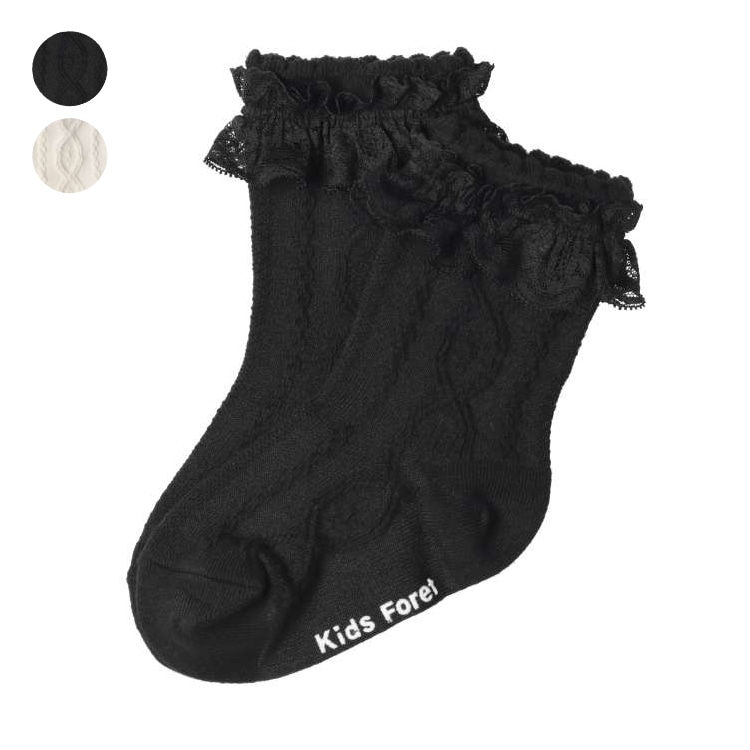 Ruffled cable knit crew socks (black, 17cm)