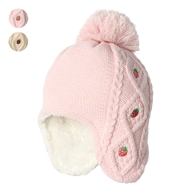 Strawberry embroidered acrylic knit hat with ears