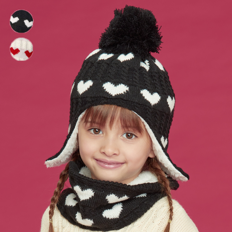 Acrylic knit hat with ears and heart pattern