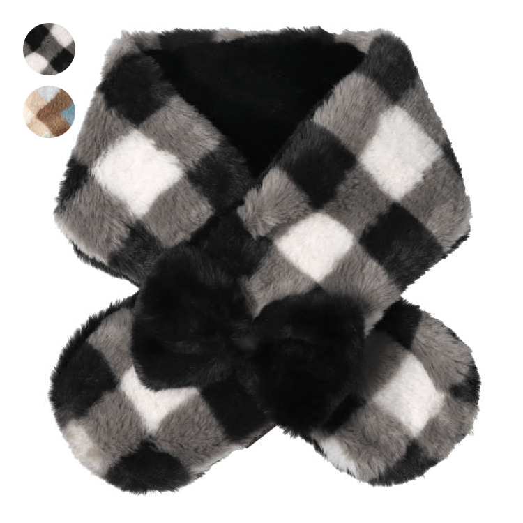 Fluffy ribbon check pattern faux fur scarf