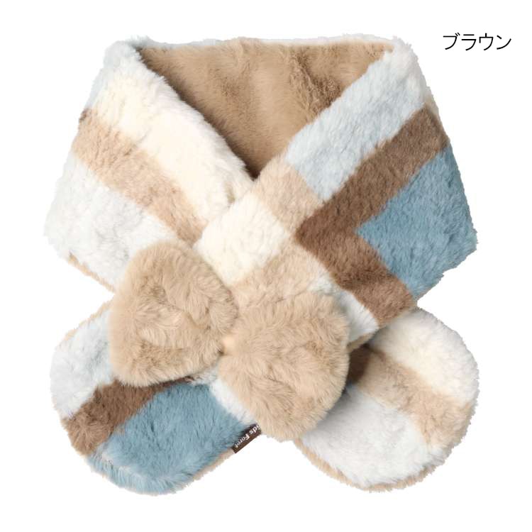 Fluffy ribbon check pattern faux fur scarf