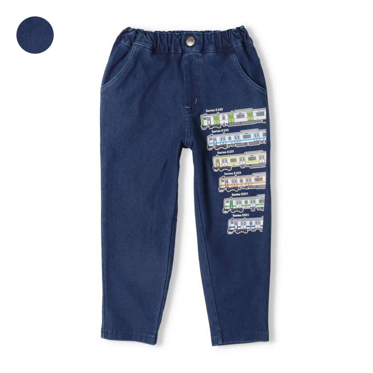 Train print denim knit pants