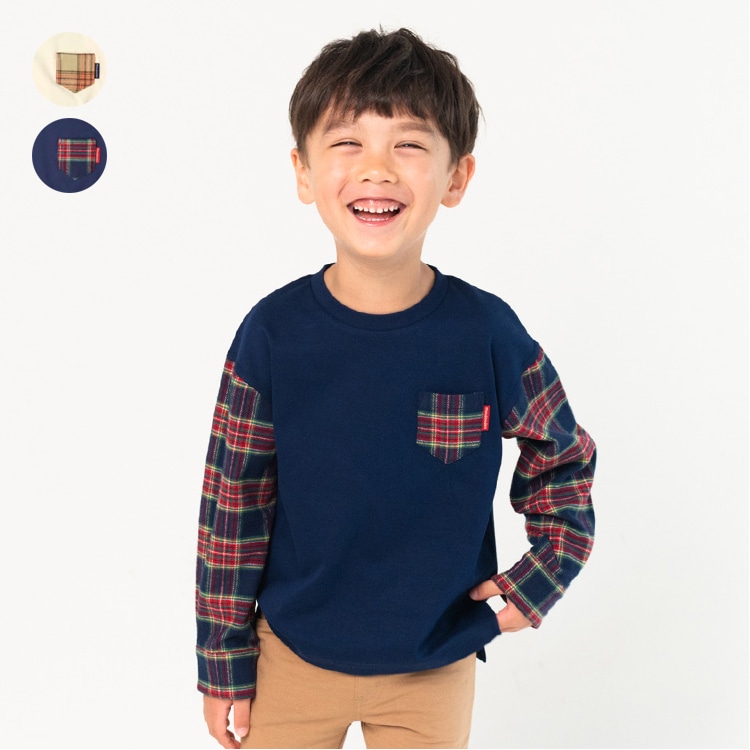 Tartan check sleeve change long sleeve T-shirt (navy, 100cm)