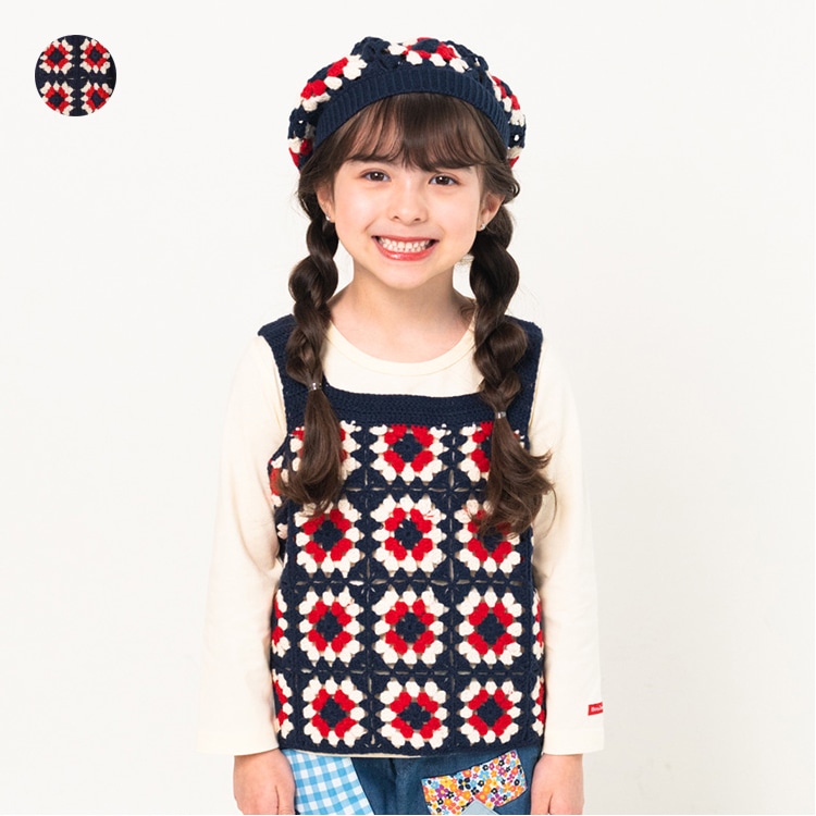 Crochet vest & plain long sleeve T-shirt set (off-white, 100cm)