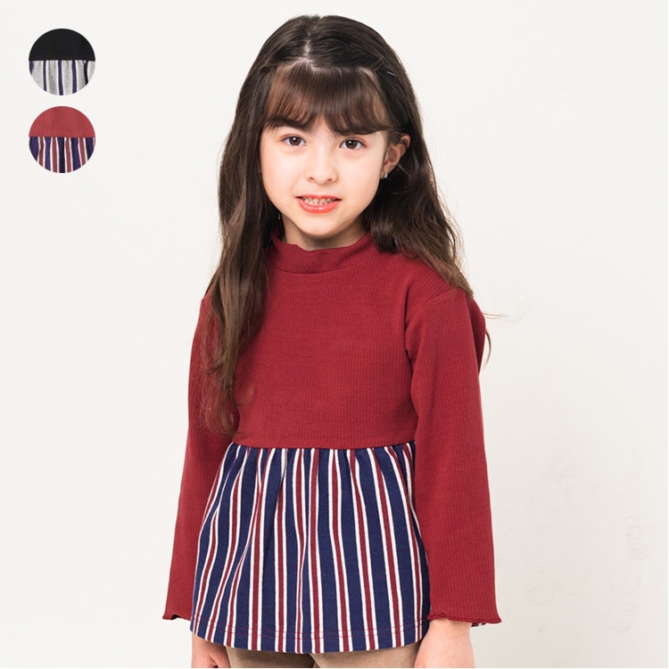 Striped high-neck long-sleeved T-shirt (wine red, 100cm)