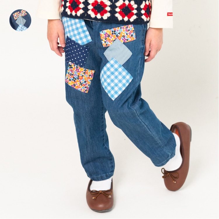 Patchwork-style ruffled waist stretch denim pants