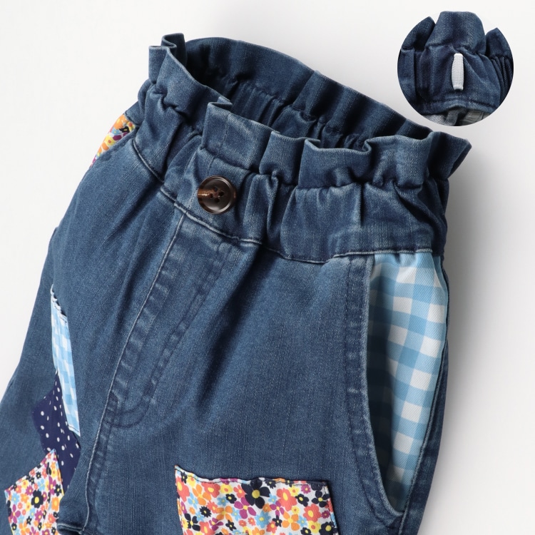 Patchwork-style ruffled waist stretch denim pants