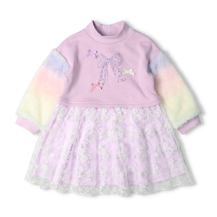 Ribbon motif floral tulle fleece dress