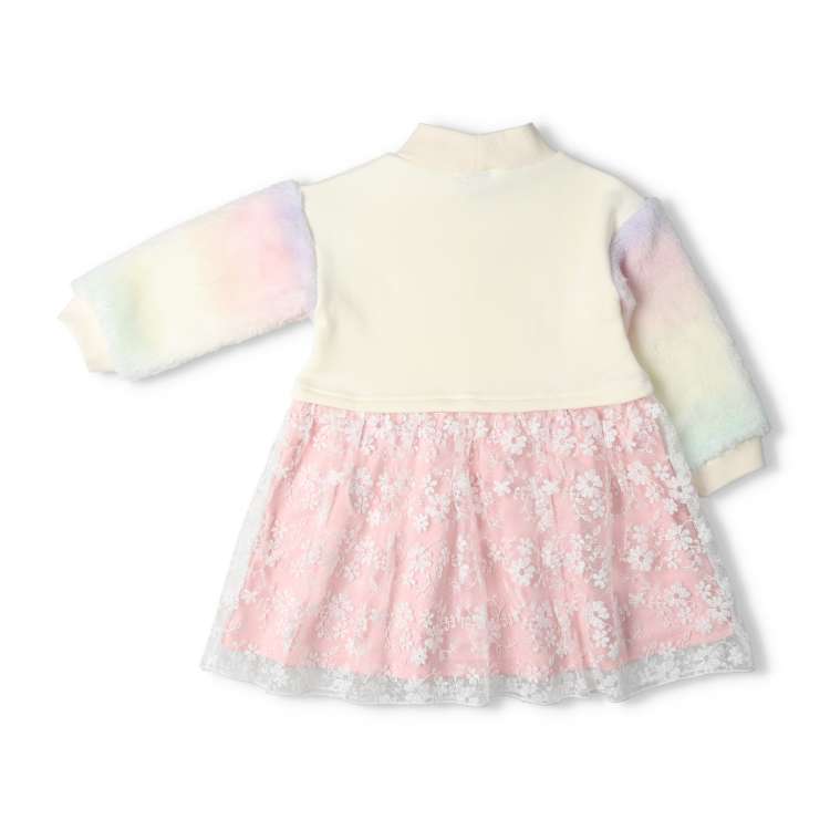 Ribbon motif floral tulle fleece dress