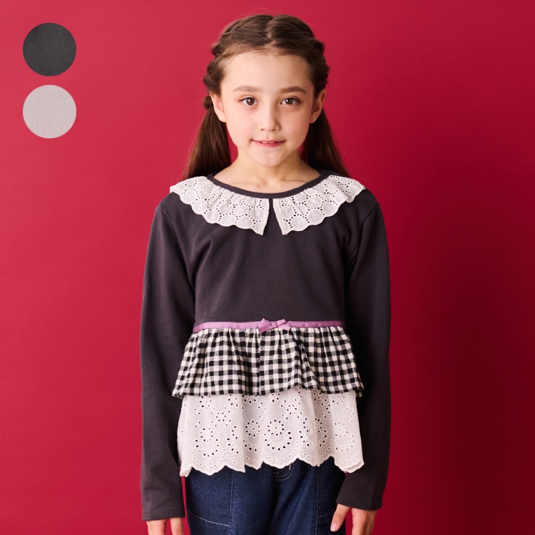 Gingham check lace frill switching fleece sweatshirt