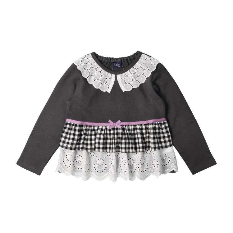 Gingham check lace frill switching fleece sweatshirt