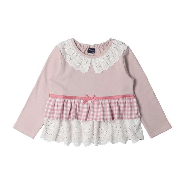 Gingham check lace frill switching fleece sweatshirt