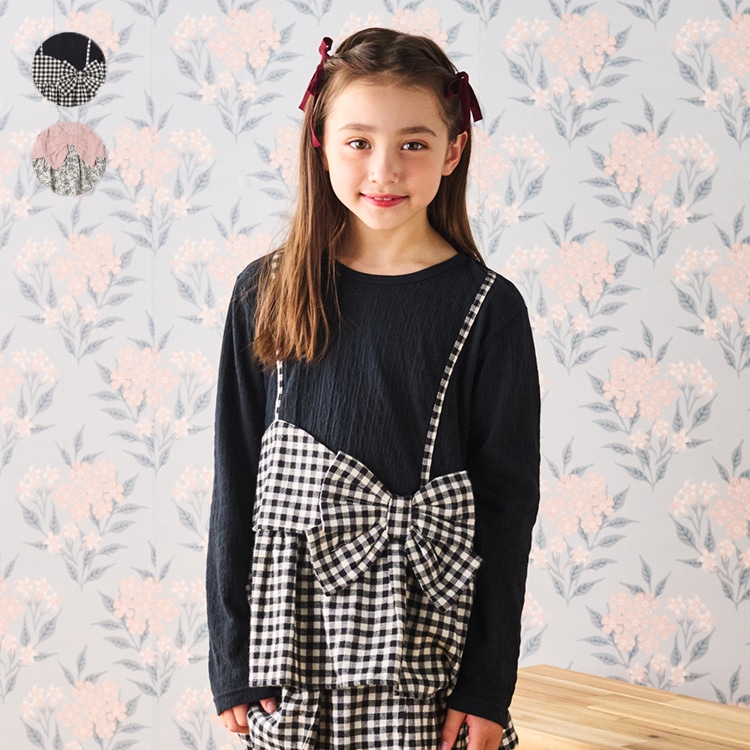 Checked and floral printed long sleeve T-shirt with ribbon