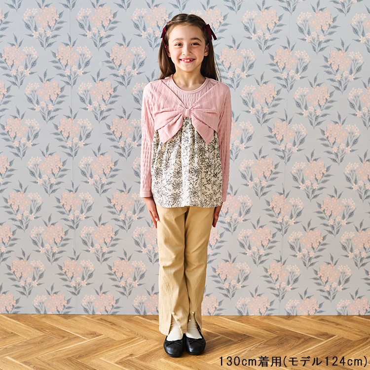 Checked and floral printed long sleeve T-shirt with ribbon