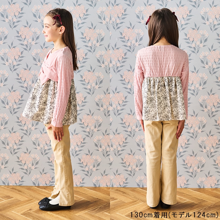 Checked and floral printed long sleeve T-shirt with ribbon