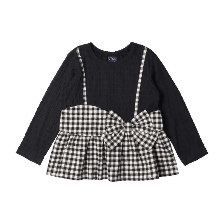 Checked and floral printed long sleeve T-shirt with ribbon