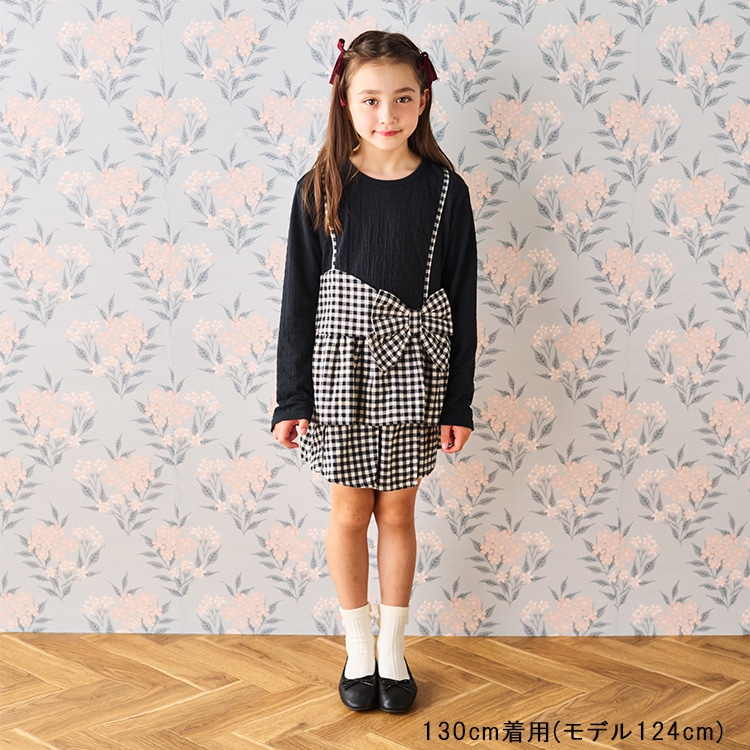 Checked and floral printed long sleeve T-shirt with ribbon