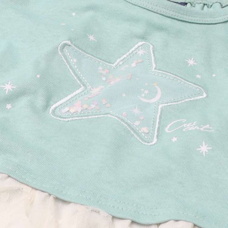 キラキラビーズ入り星アップリケチュール切替Tシャツ