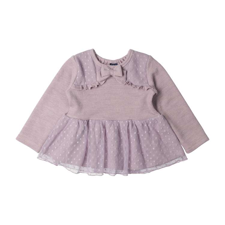 Dot tulle ribbon long sleeve T-shirt